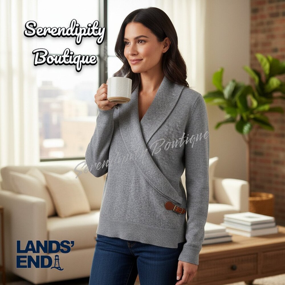 Vintage Lands End Leather Buckle Strap Cotton Wool Shawl Collar Preppy Sweater
